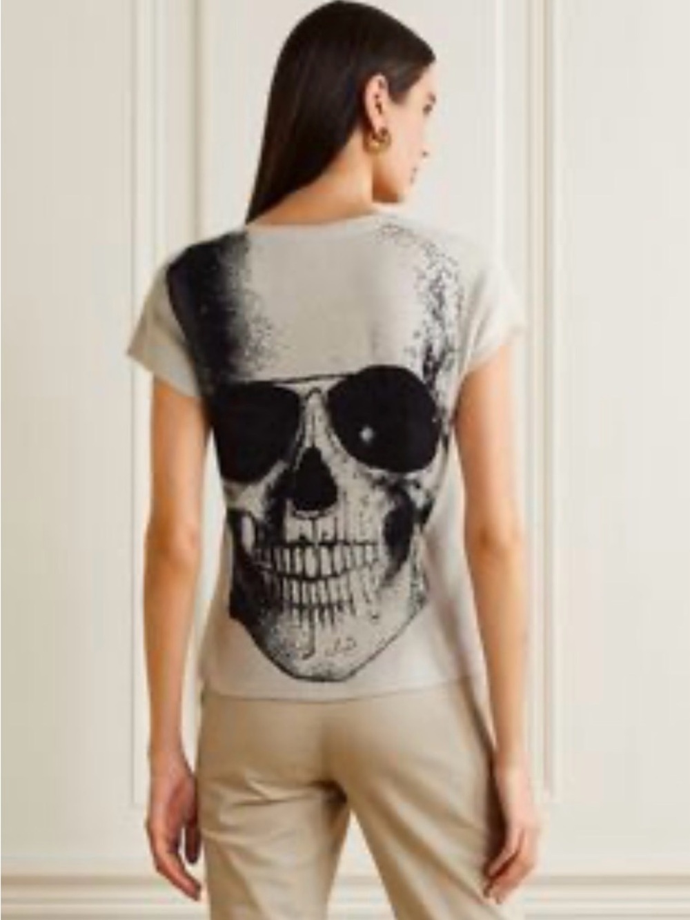 Skull Cashmere Knit Short Sleeve Top Sweater 100% Cashmere Skull Graphic Sz L